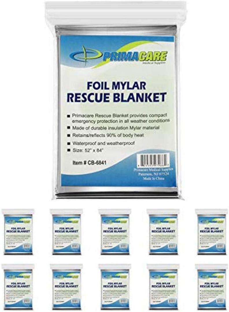 Primacare HB-10 Emergency Mylar Thermal Blankets  10 Pack, 84" x 52", Silver  Reflective, Waterproof, Retains 90% Body Heat  for Survival, First Aid, Outdoors, Camping, EMS