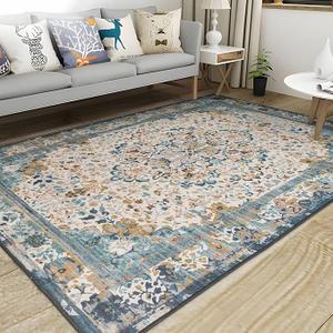 4x6 Area Rug for Living Room, Machine Washable Rugs with Non-Slip Backing for Bedroom, Vintage Throw Rugs Low Pile Carpet for Dining Room Kitchen Office Home Decor, Green