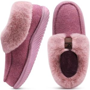 COFACE Women's Memory Foam House Slippers Arch Support Moccasin Winter Shoes Ladies Warm Fuzzy Faux Fur Collar With Indoor Outdoor Rubber Sole (9, Pink)