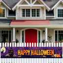 Happy Halloween Banner Halloween Decorations Outdoor Yard Banner Purple Moon Scene Witch Pumpkin Ghost Skull Bat Backdrop 118x20 Inch for Fence Garden Porch Party Wall Decor