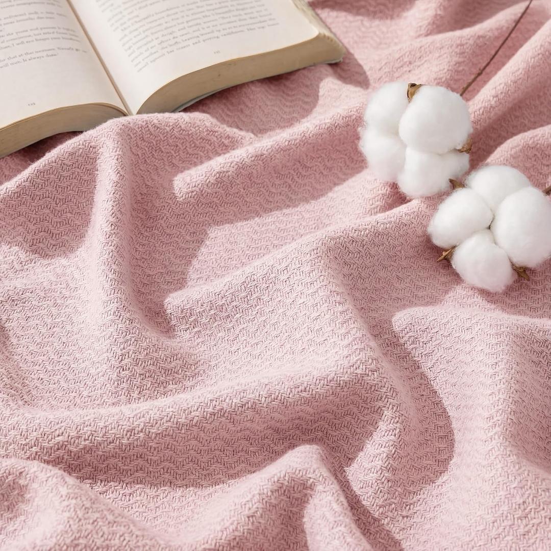 Bedsure GentleSoft 100% Cotton Large Throw Blanket for Couch 50x70 inches - Breathable and Lightweight, Soft Cozy Herringbone Woven Cotton Throw for Summer Spring, Pink Office Chair Blanket
