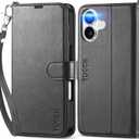 TUCCH Wallet Case for iPhone 17 (6.3") 2025, Wrist Strap RFID Blocking 4 Card Slots, Kickstand, Shockproof TPU Shell, PU Leather, Magnetic Closure, Protective Flip Folio Cover, Black