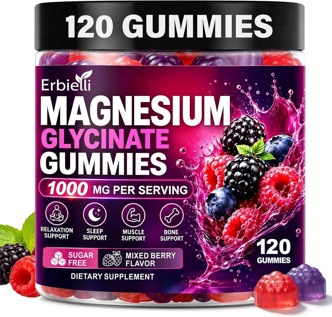 Magnesium Glycinate Gummies 1000mg, Sugar Free, Magnesium Supplements for Men & Women, with L-Theanine, Vitamin D3 B6 & CoQ10 for Sleep, Calm & Relaxation Support, 120 Gummies Mixed Berry, Expiry: 06/28/2028