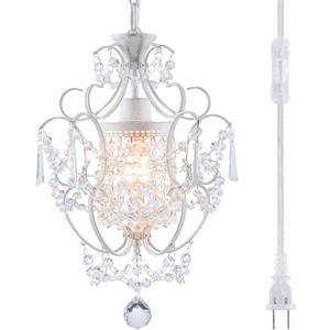 Plug in Chandelier Mini Crystal Chandelier White Retro Small Chandeliers Ceiling Light for Girls Bedroom,Farmhouse Plug in Pendant Light for Kitchen Island Bathroom Dining Room Closet