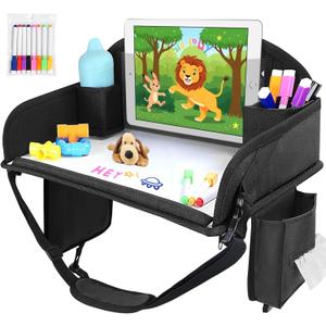 Kids Travel Tray for Car Seat, Toddler Road Trip Essentials With Drawing Kit, Travel Activities Must Haves (Black)