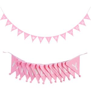 2 x GCQQ Pink Happy Birthday Banner 14Pcs Double-Layer Cotton Fabric Bunting with Pom Pom 3.4m /11.2FT Reusable Pennant Garland for Girl Birthday Party Baby Shower Nursery Room Decorations