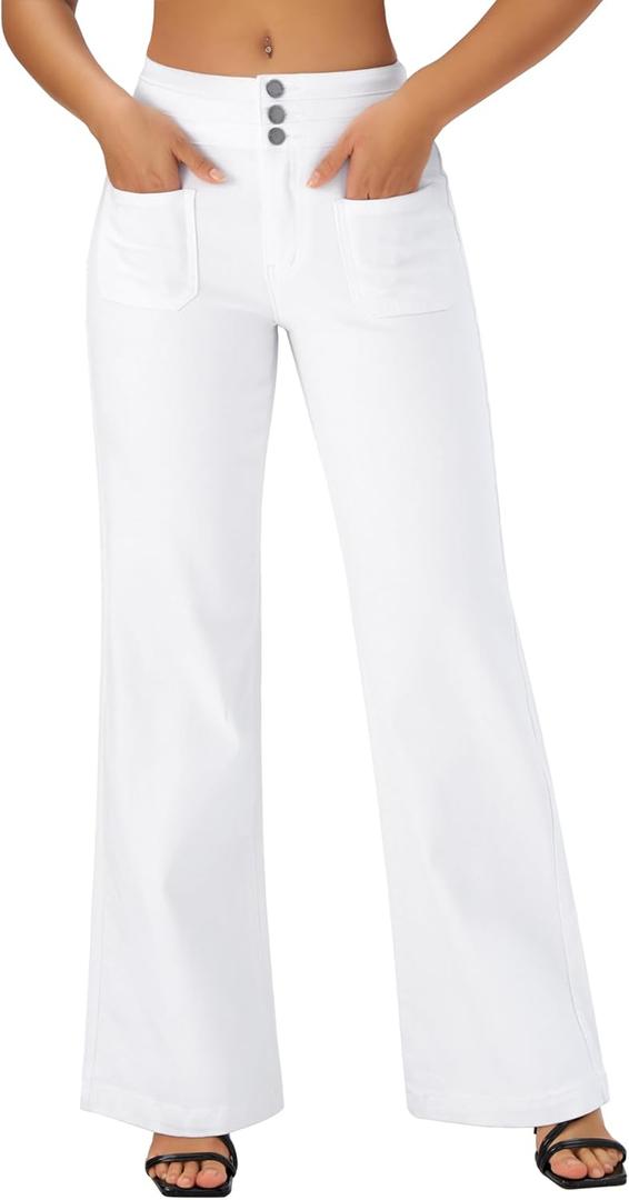 roswear Wide Leg Jeans Woman High Waist Stretchy Loose Denim Pants (Large, White)