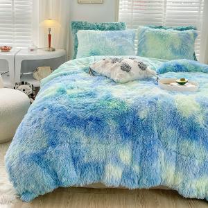 Wajade Faux Fur Plush Tie Dye Blue Green Comforter Set Fluffy Fuzzy Shaggy Bedding Set - 3PC Full/Queen Microfiber Soft Warm Quilt Set