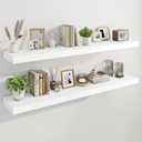 Marsmiles 55" Floating Shelves for Wall, Wooden Shelves with Invisible Brackets Set of 2, Rustic Farmhouse Wall Mounted Shelf for Kitchen Bathroom Living Room Study, White