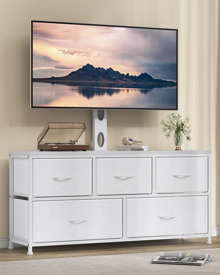 TV Stand with Mount, Fabric Dresser with 5 Drawers for 32/45/55/60/65/75/85 inch TVs, White Dresser Entertainment Center, Modern Media TV Console Table