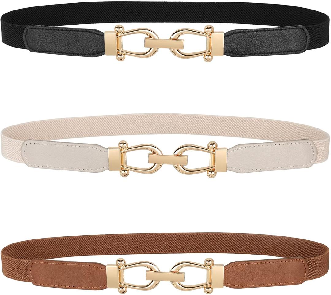 JASGOOD Women Skinny Elastic Belt for Dresses,Thin Retro Stretch Waist Belt with Golden Buckle (Fit waist size 37-45 inch, A-black+brown+beige)