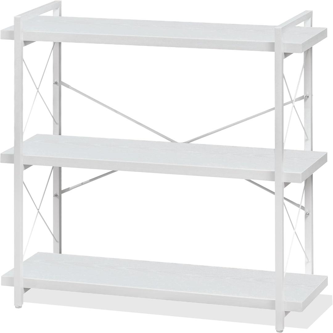 HCHQHS Bookshelf, 3-Tier Industrial Bookcase, White Open Book Shelf, Freestanding Horizontal Bookshelves with Metal Frame, 35.8"W x 35.8"H