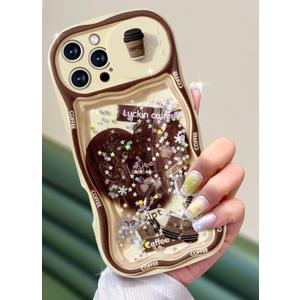 Toycamp for iPhone 16 Pro Max Case - Women Girls Cute Phone Cover Coffee with Sliding Camera Cover Girly Glitter Teens Pretty Cartoon Design Flowing Liquid Quicksand Case for iPhone 16 Pro Max 6.9 "