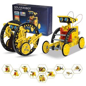 Solar Robot Kit for Kids Age 8-12, STEM Building Toys,12-in-1 Build Your Own Robot with Solar Panel & Battery Power, Science Engineering Christmas Birthday Idea Gifts for Boy Age 8 9 10 11 12 (Yellow)
