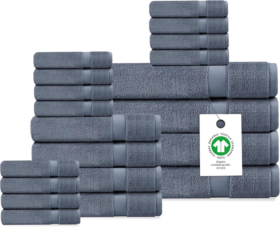 Organic Cotton Luxuriously Plush Bath Towel 20 Piece Set|GOTS & Oeko-TEX Certified|Premium Hotel Quality Towels|Feather Touch Technology|650 GSM Long Staple|Soft, Quick Dry & Ultra-Absorbent, 30 inches x 58