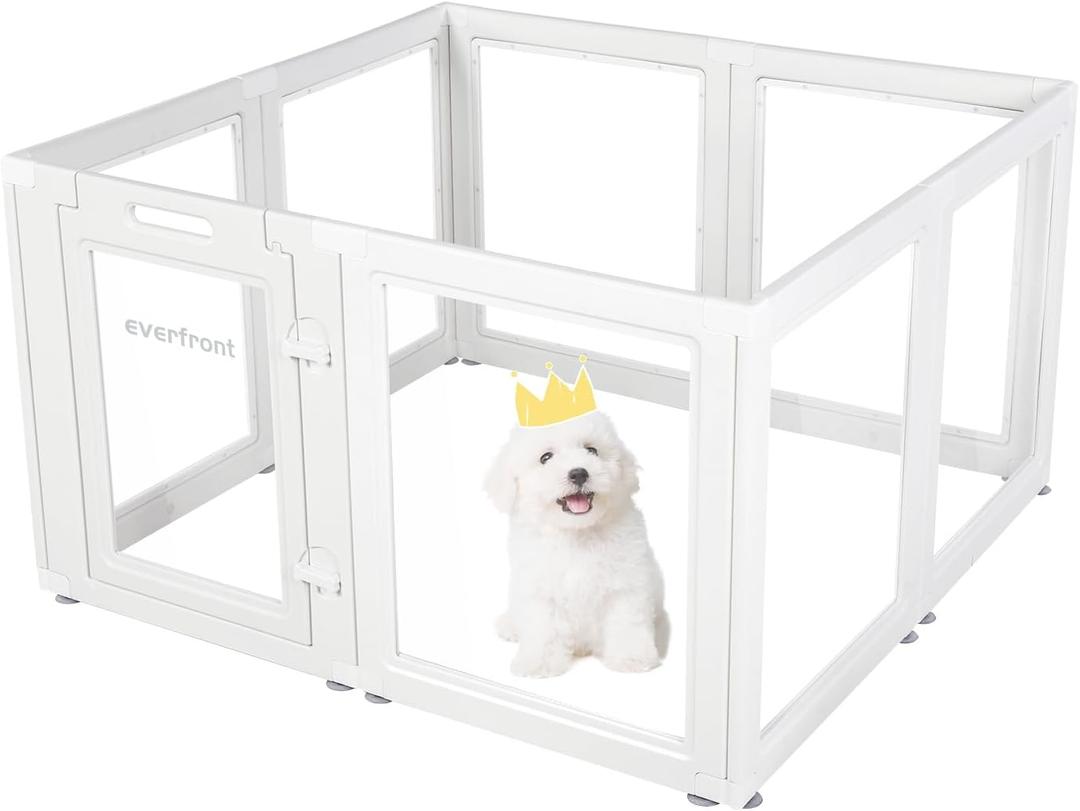 EVERFRONT Clear Acrylic Plastic Dog Playpen - Clear Dog Play Pen - Easy Assemble Acrylic Dog Playpen - Puppy Playpen, Cat Playpen, Small Animal Playpen, Dog Play Pen Indoors (White, 23.6 H, 8PCS)