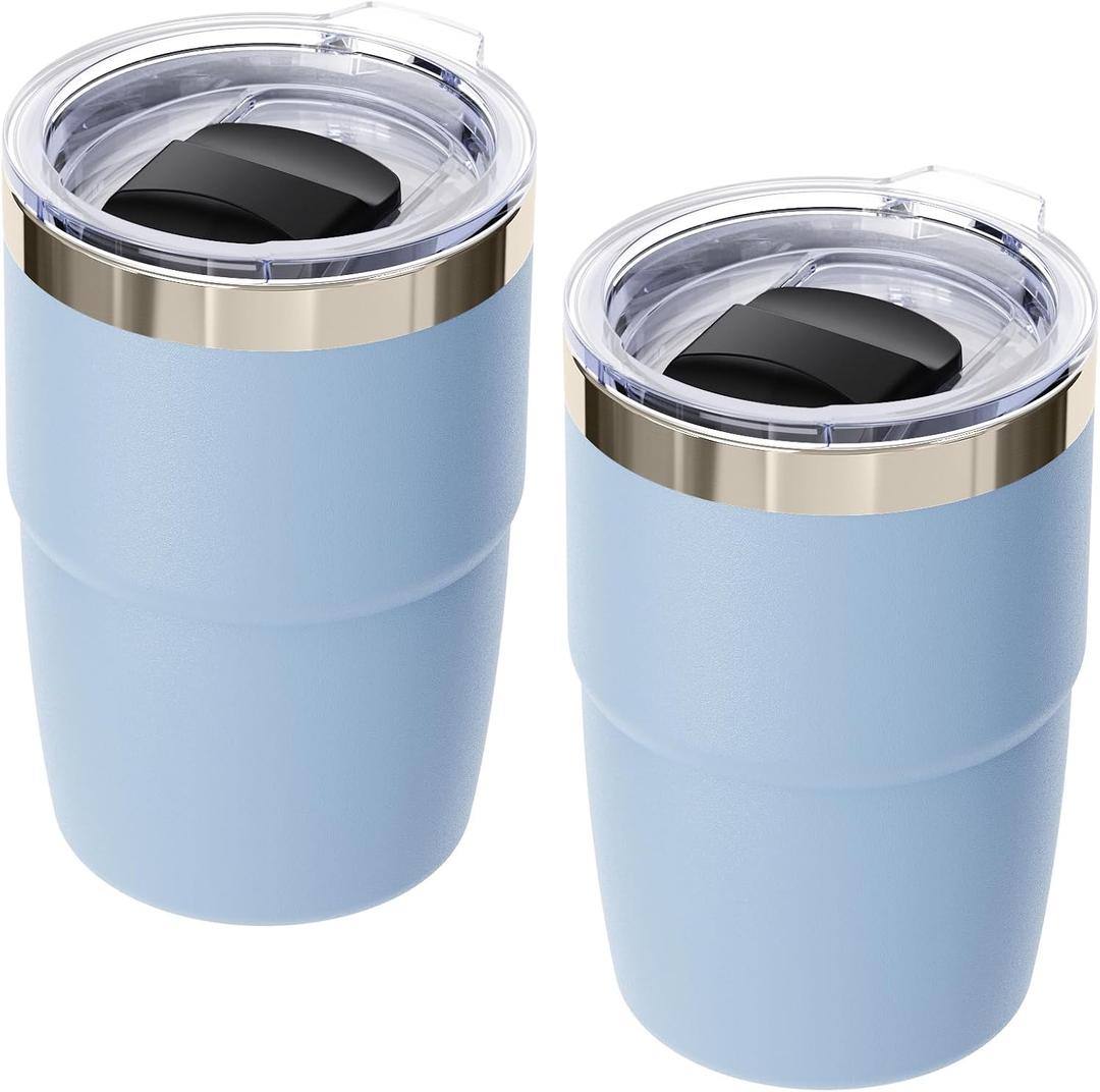 8 oz Small Coffee Cup with Magnetic Lid, Ceramic-Lined 18/8 Stainless Steel, Double-Wall Vacuum Insulated, Stackable, Dishwasher Safe, Mini Tumbler for On-the-Go, 2 Pack, Pastel Blue