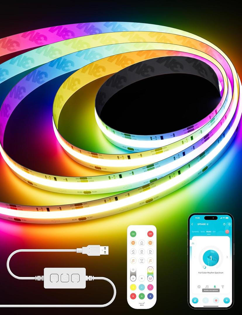PAUTIX RGB Smart IC COB LED Strip Light USB 5V 6.56ft/2m,Work with Alexa/Google Assistant,Color Chasing UL-Listed Multicolor Flexible Tape LED Strip Light,for Cabinet,TV,Bedroom,Party DIY Decoration (6.56ft/2m-5V(USB Powered))