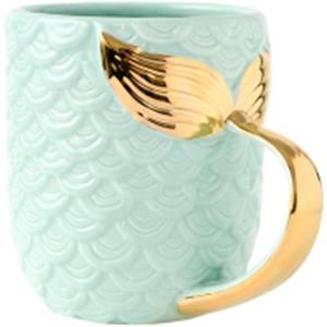 ZaH 15 oz Mermaid Mug Ceramic Coffee Mugs Big Cute Cups Cappuccino Teacup Birthday Bridal Shower Engagement Wedding Gifts Soup Mug for Men Women Kids Girls Boys (Gold Handle Blue Mermaid Tail) (Green)