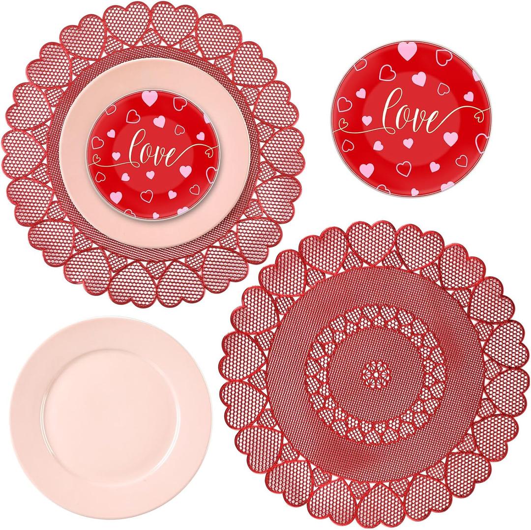 Jinei 6 Pcs Valentine's Day Tableware Set Include Large Pink Ceramic Flat Plates Valentine's Red Dinner Ceramic Plates and Place Mats for Wedding Anniversary Party Decorations
