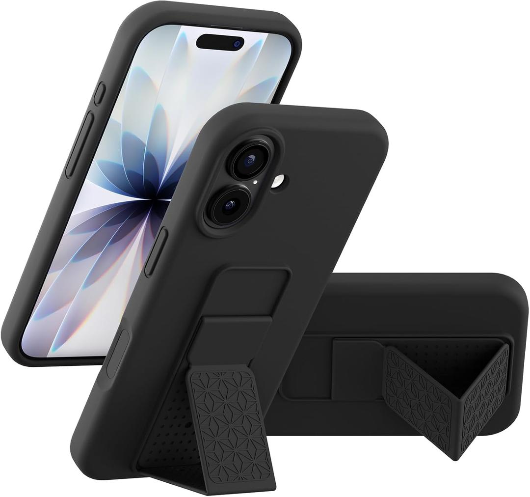LAUDTEC Silicone Kickstand Case Compatible with iPhone 17, Vertical and Horizontal Stand Hand Strap Metal Kickstand Cover, Flexible Soft Liquid Silicone Stand Case for iPhone 17 (Black)