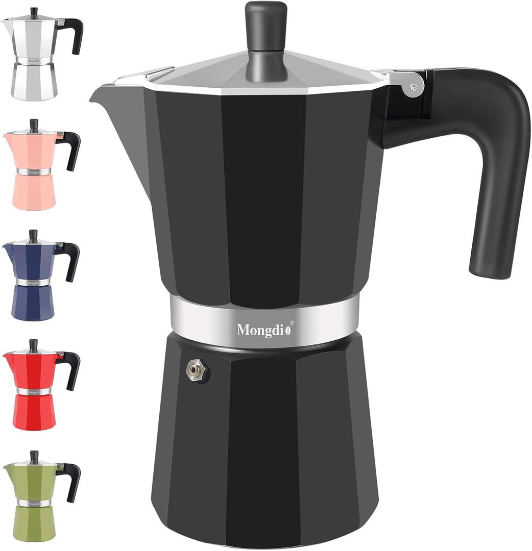 Mongdio Stovetop Espresso Maker Moka Pot, Stove Top Cuban Coffee Maker, Italian Greca Mocha Pot, 12 Espresso Cups, 20 oz - Black