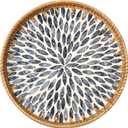 Round Rattan Tray with Mother of Pearl Inlay, Rattan Serving Tray for Coffee, Bread, Fruits, Decorative Wicker Tray for Table Decor, Home Decor, Kitchen Island Decor (Black Leaf, 11.8")