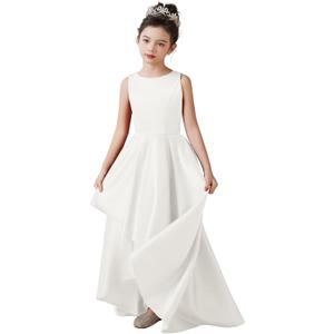 Girls A Line Ivory Satin Long Formal Dress Floor Length Dress for 12 Year Old Girl White Flower Girl Dresses for Wedding