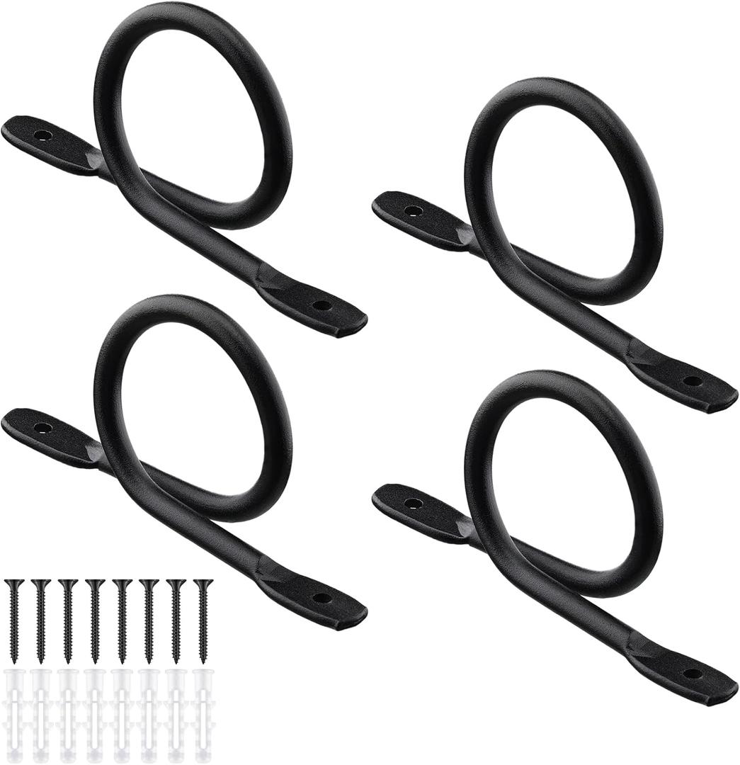 Yookeer 4 Pcs 1.5 Inch Diameter Curtain Rod Brackets Holder, Hand Forged Metal Curtain Rod Wall Hanger Rustic Closet Support with Screws for Rods Ceiling Blinds Drapes Wall Hook (Black)