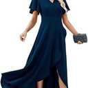 Long Black Formal Dresses for Women Gowns Evening Party Cocktail Dress,Split Elegant V Neck Wrap Ruffle Wedding Guest Dresses, L