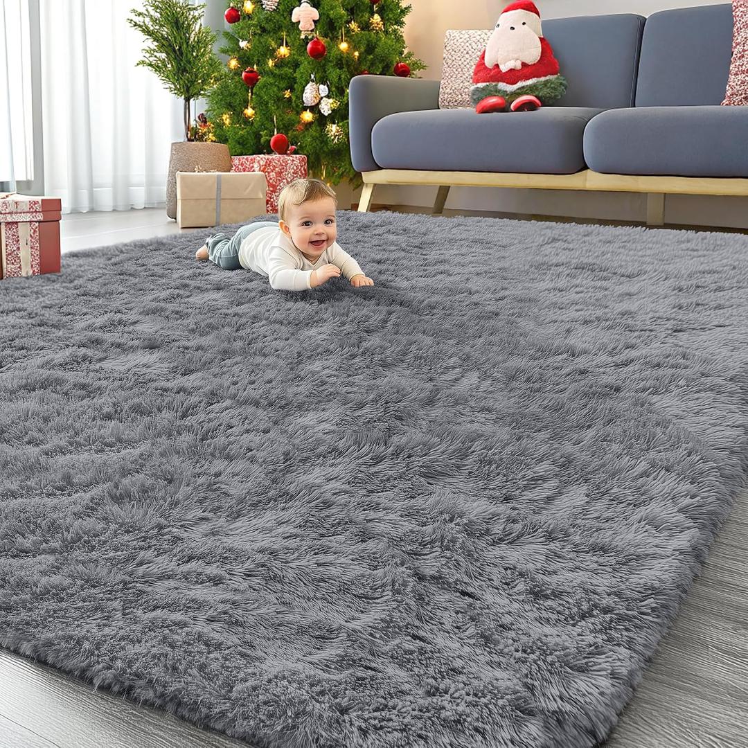 OLANLY 9x12 Machine Washable Large Area Rugs for Living Room, Bedroom, Soft Fluffy Shaggy Bedside Rug, Indoor Floor Carpet for Kids Girls and Boys, Dorms, Nursery, Home Decor Aesthetic, Light Grey