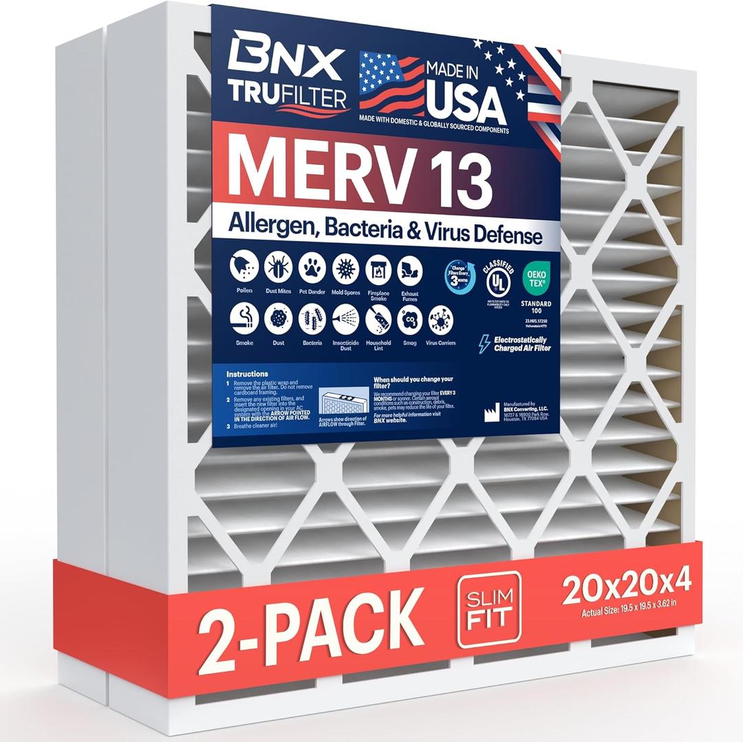 BNX TruFilter 20x20x4 (19.5 x 19.5 x 3.63 Slim Fit) MERV 13 Air Filter (2-Pack) - MADE IN USA - Air Conditioner HVAC AC Furnace Filters Health, Allergies, Mold, Bacteria, Smoke, MPR 1900 FPR 10