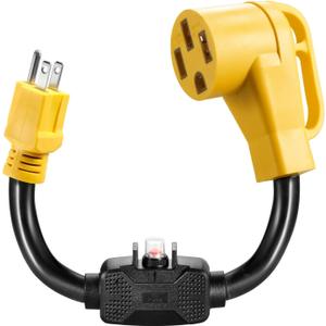 Overload Protector 15 Amp to 50 Amp RV Adapter Cord with Circuit Breaker and Twist Lock, NEMA 5-15P to NEMA 14-50R Dogbone Electrical Power Adapter with Upgraded Handle,ETL Listed
