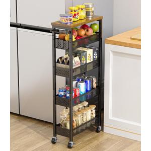 Giwil Slim Storage Cart 5 Tier Narrow Kitchen Rolling Cart on Wheels for Small Space, Metal Utility Cart Narrow Bathroom Storage Cabinet Mobile Shelf Unit Organizer with Wood Top and Handle, Black