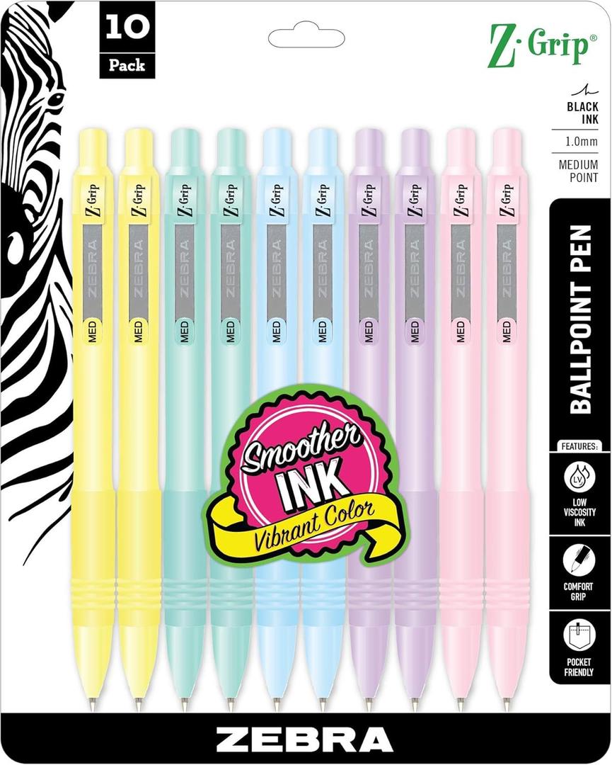 Zebra Pen Z-Grip Pastel Retractable Ballpoint Pen 10-Pack, Assorted Color Barrels, 1.0mm Medium Point, Black Ink, Low Viscosity Ink, Latex-Free Grip, Visible Ink Supply (22101)