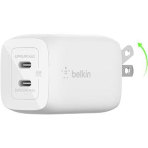 Belkin 65W Dual USB C Charger Block, Super Fast Charging PD3.0 w/ GaN Technology - Samsung Galaxy S25, Apple iPhone 17, Air, Pro, Pro Max, iPad, MacBook, AirPods, Nintendo Switch 2 & More - White