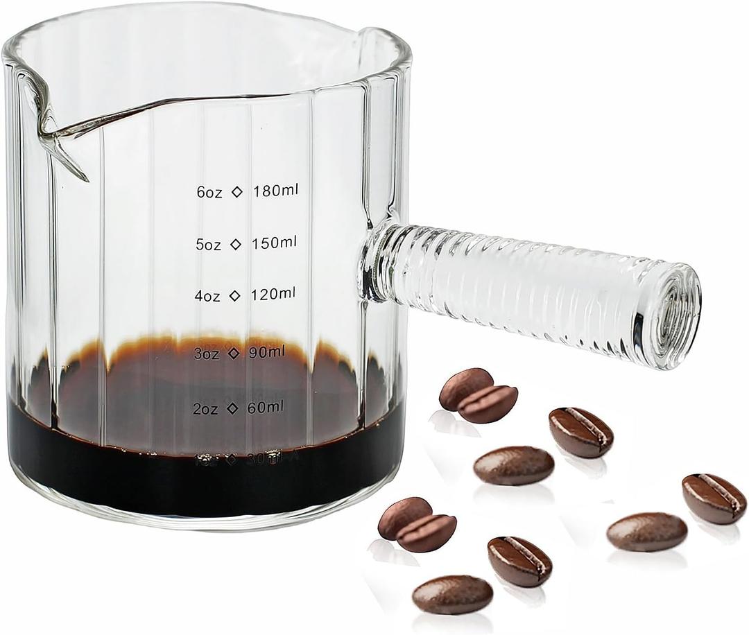 Glass Espresso Cup 6 OZ, Double Shots Measuring Cup with Glass Handle for Dishwasher Safe, Double V-Shaped Spout Milk Frothing Pitcher, Espresso Accessories for Machine, Demitasse Cups