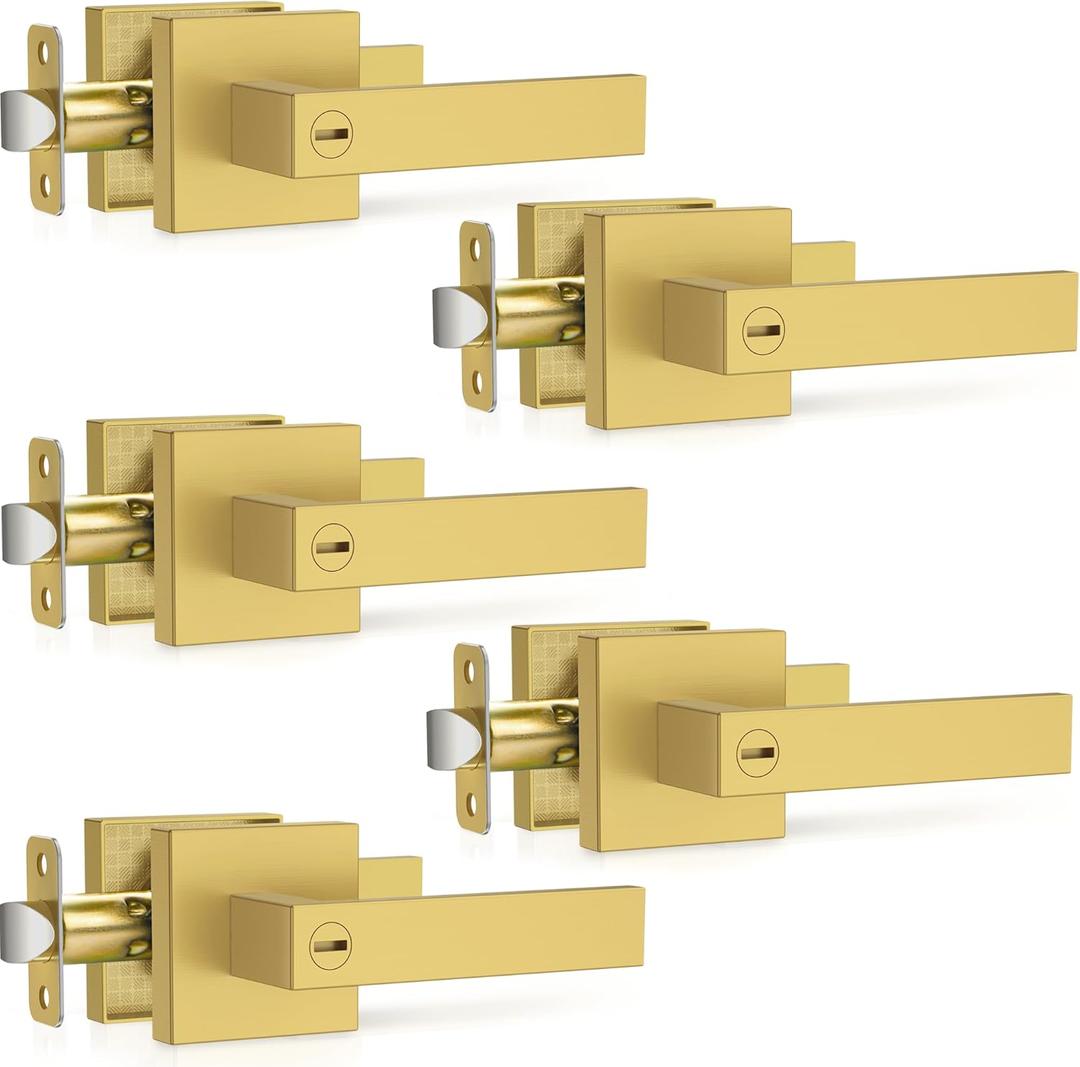 Plustool 5 Pack Brushed Gold Door Handles, Interior Door Knob Heavy Duty, Flat Square Privacy Door Locks, Keyless Door Leverset for Bedroom and Bathroom