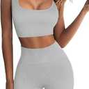 QINSEN Workout Sets for Women 2 Piece Seamless Ribbed Crop Tank High Waist Shorts Yoga Outfits (Small, Light Blue)