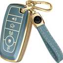Lucrum Compatible with Ford Key Fob Cover & Leather Keychain, Keyfob Case for Bronco Explorer Edge Escape Expedition Fusion (Blue)