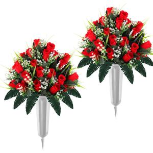 Consevisen Artificial Cemetery Flowers for Grave with Vase, 2 Sets Silk Red Rose Memorial Day Flowers for Cemetery Grave Decorations, Outdoor Grave Decorations for Gravesite Headstones