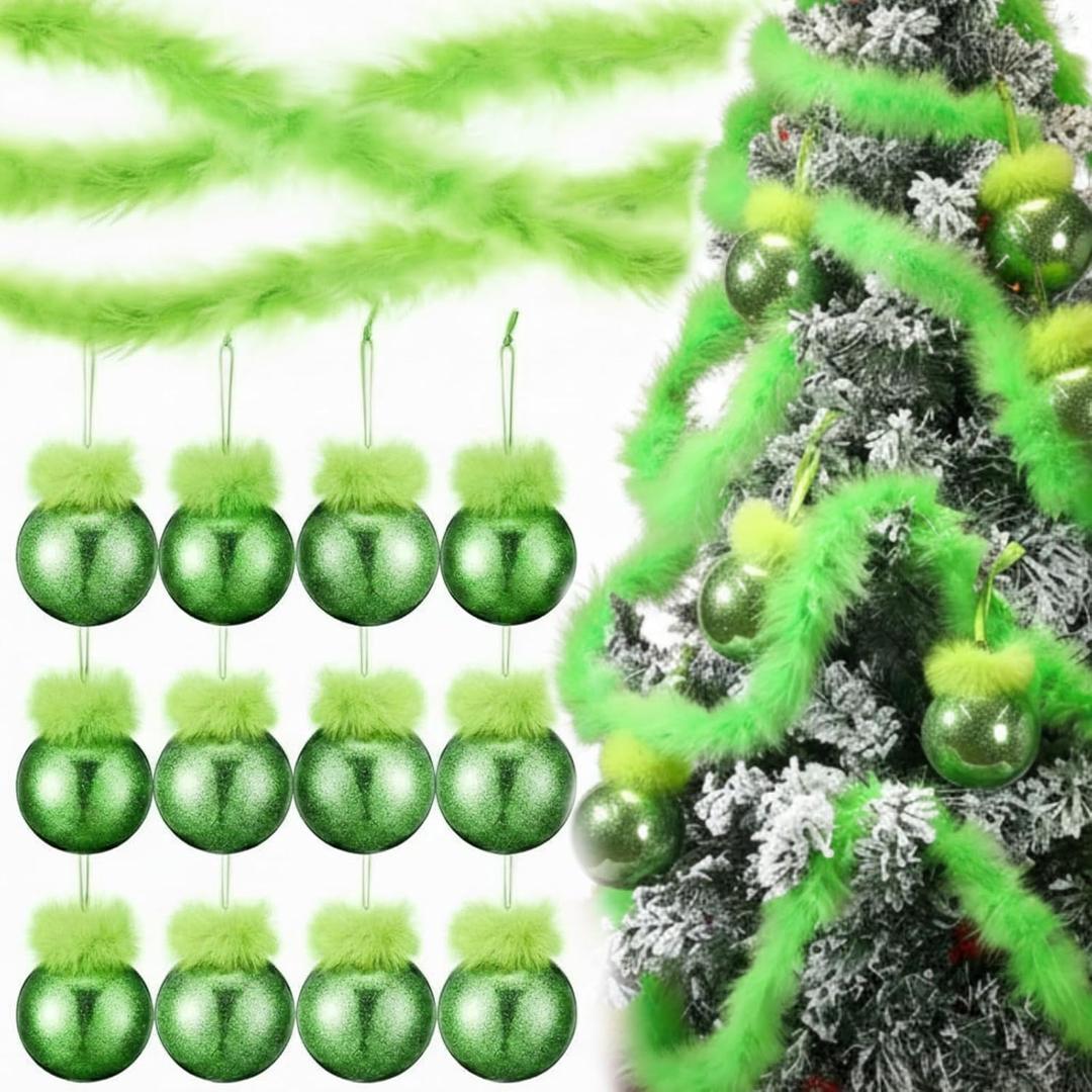 Bucherry 24 ft Christmas Garland and 24 Pcs Lime Green Furry Christmas Ball Ornaments for Xmas Tree Decorations Hanging Garland Faux Feather Decorations for Holiday Indoor and Outdoor Party Supplies