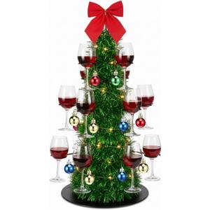 Christmas Cocktail Tree Stand Lighted Tree Drink Holder with Bow and Christmas Ball 3 Tier 12 Champagne Holders Martini Margarita Cups Stand for Home Xmas Party Holiday Table