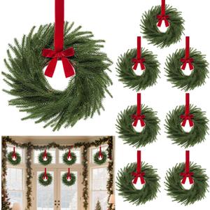 8 Pack 11 Inch Mini Christmas Wreath Small Christmas Kitchen Cabinet Wreaths with Red Velvet Bow Artificial Norfolk Pine Wreath Outdoor Christmas Wreaths for Windows Door Chairs Wall Stairs Home Decor