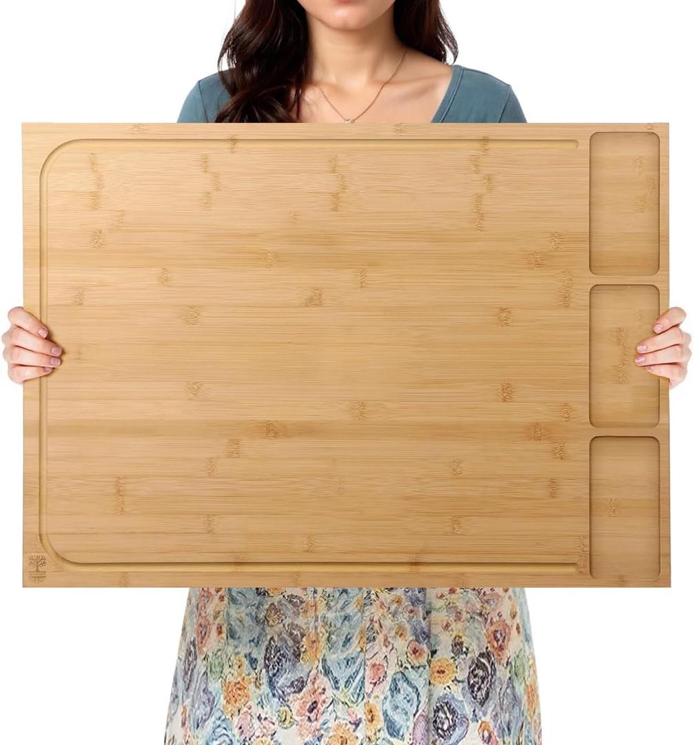 Extra Large Bamboo Cutting Board MultiPurpose Noodle Board & Stove Cover with Detachable Legs, Deep Juice Groove, Butcher Block & Charcuterie Serving Tray for Kitchen or Restaurant, 30 x 21 in, Natural Color of Bamboo 