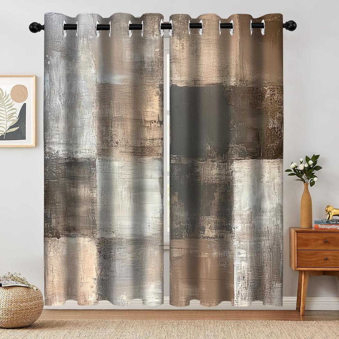 Aeyadis Brown Grey Abstract Blackout Curtain, Rustic Farmhouse Acrylic Aesthetic Unique Vintage Window Curtains Living Room Bedroom Decor Darkening Window Drapes Treatments, 2 Panels 52x84 Inch