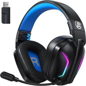 Fachixy Wireless Gaming Headset with Microphone for PC, PS5, PS4, Bluetooth Gaming Headphones - Fast Charge 50Hr Battery, Cool LED Lights for Switch, Laptop, Mobile, Mac 2.4GHz Gamer Headset, Blue