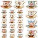 Teenyyou Set of 24 Tea Cups and Saucers Tea Party Decorations Floral Porcelain 5.4 oz British Gift for Women Birthday Party, Church, and Mother's Day (Stylish Style)