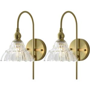 Vintage Wall Sconces with Clear Flower Glass Lampshade, Indoor Bath-Room Wall Sconce, Modern Gold Industrial Lighting Fixture for Mirror Living Room Hallway 2 Pack