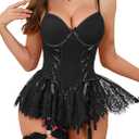 Women's Lingerie Sets 4 Piece Lace Underwire Corset Bodysuit with Garter Belt & Bow Tie (Large, Dark Purple)